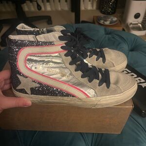 Golden Goose High Top Sneaker Blue Glitter, Silver, and Pink, Size 37